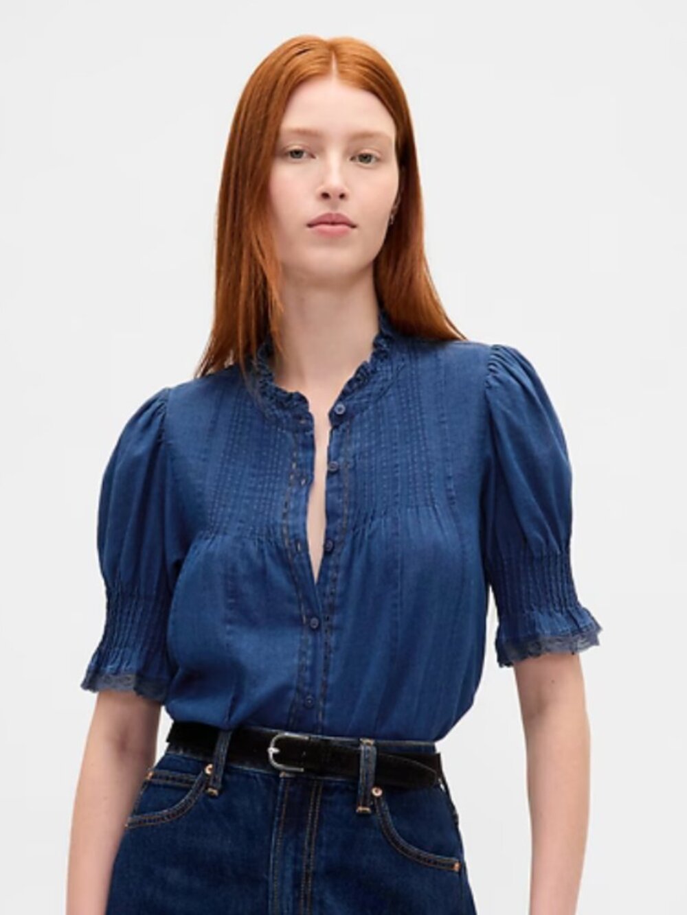 NWOT - GAP Indigo Ruffle Pintuck Shirt